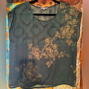 CABI Women’s Green Envy Medallion Yellow Floral Cap Sleeve Top Size S